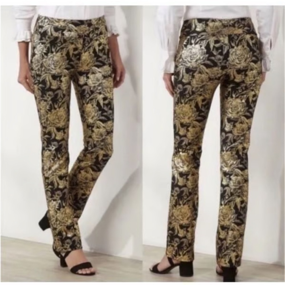 Soft Surroundings Black and Gold Floral Skinny Pants